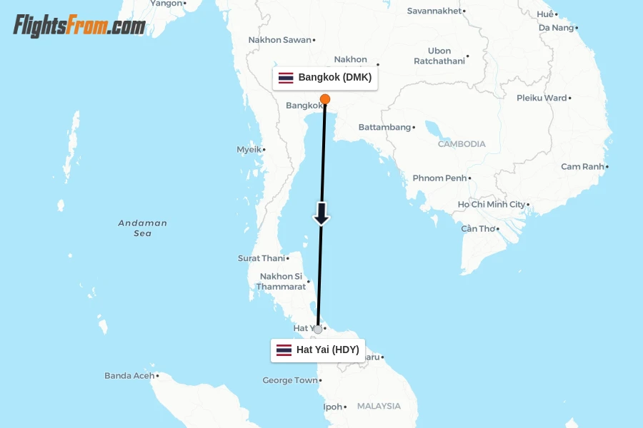 Flights from Bangkok to Hat Yai route map