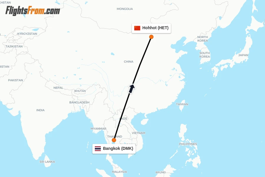 Flights from Bangkok to Hohhot route map