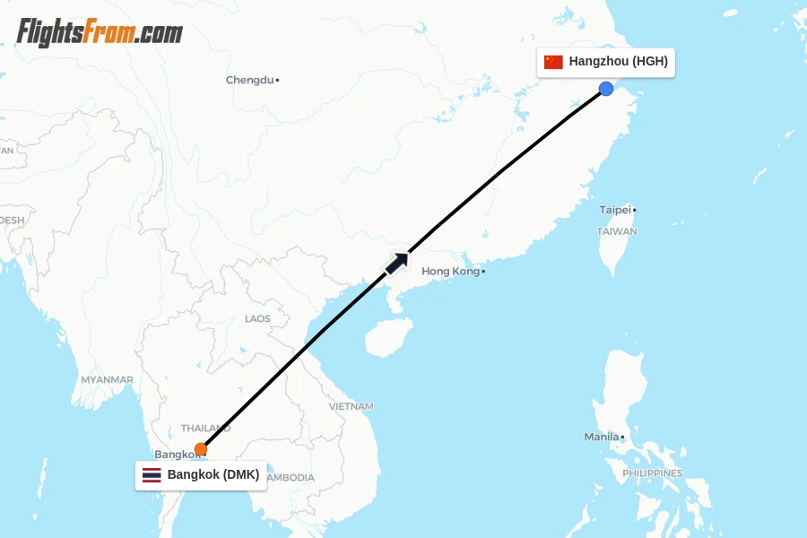 Flights from Bangkok to Hangzhou route map