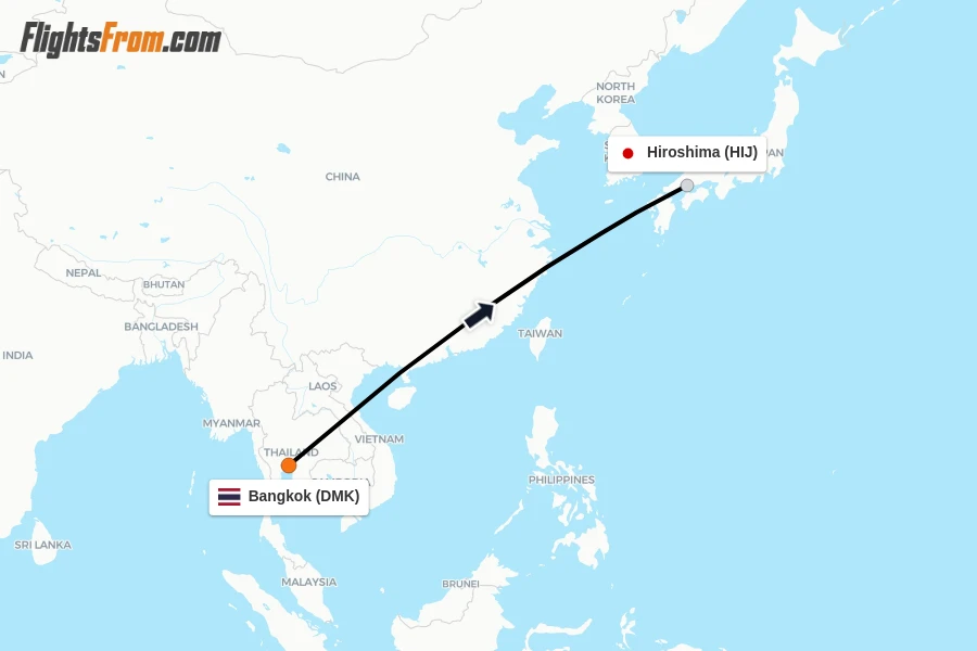 Flights from Bangkok to Hiroshima route map