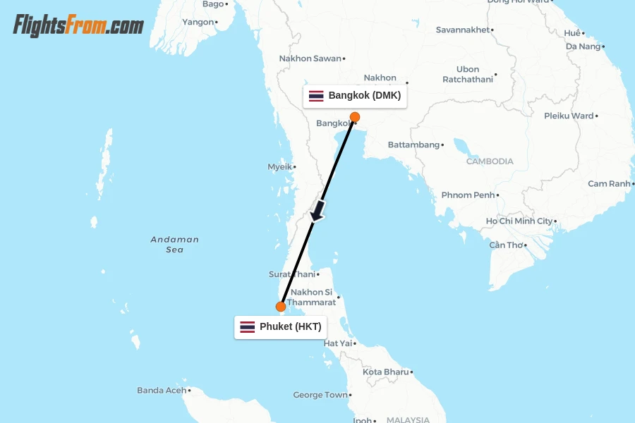 Flights from Bangkok to Phuket route map