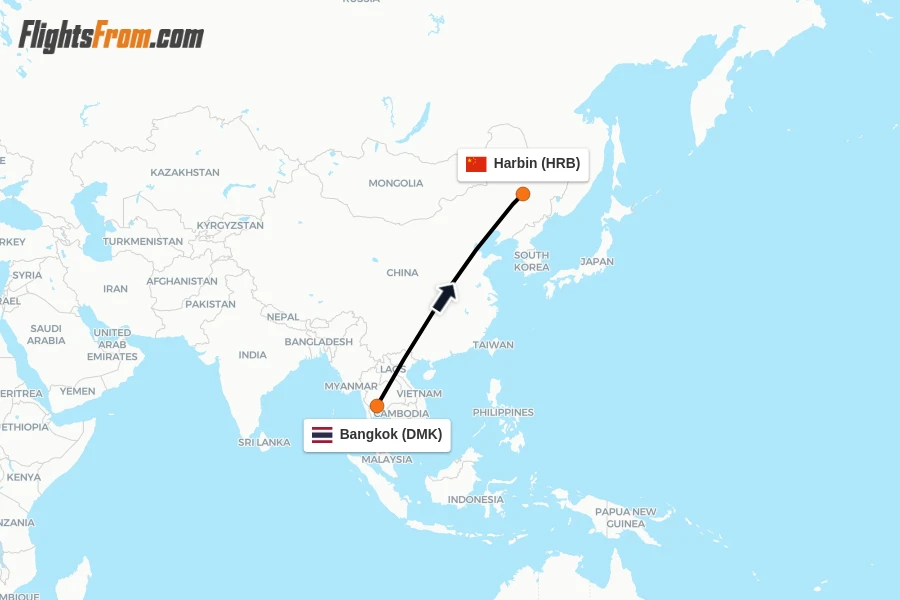 Flights from Bangkok to Harbin route map