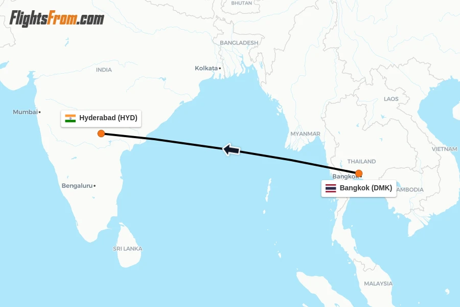 Flights from Bangkok to Hyderabad route map