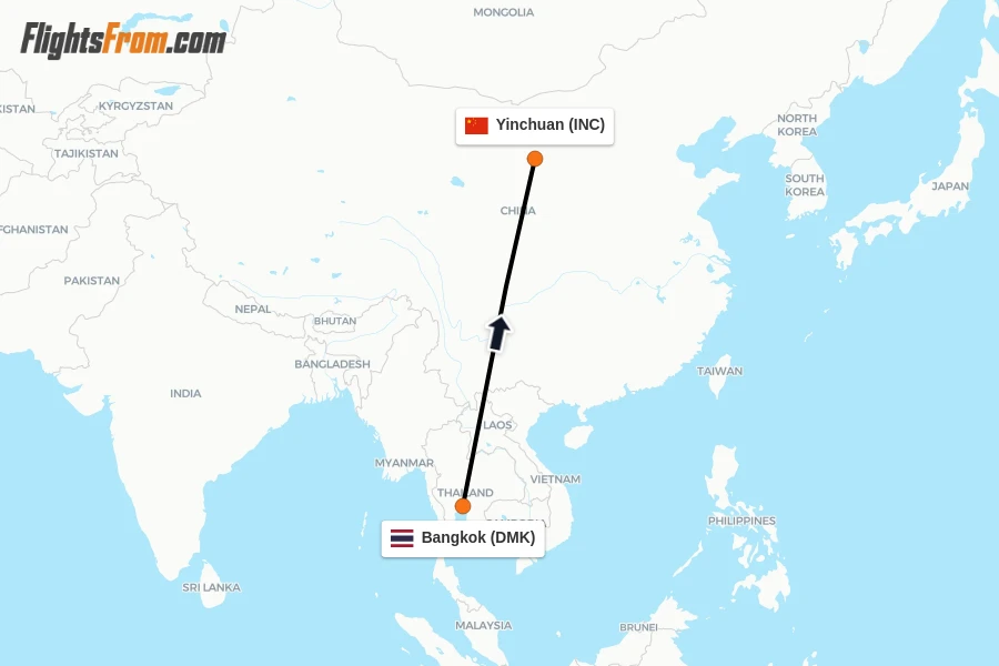 Flights from Bangkok to Yinchuan route map