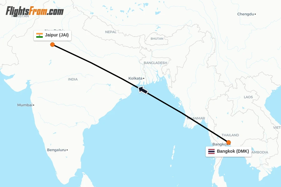 Flights from Bangkok to Jaipur route map