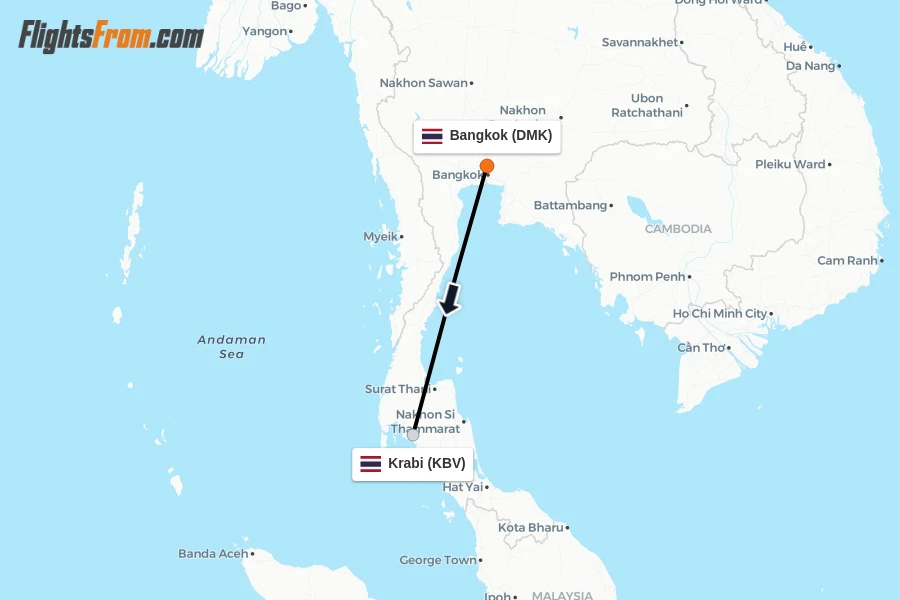 Flights from Bangkok to Krabi route map