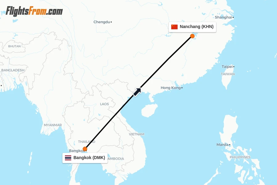 Flights from Bangkok to Nanchang route map