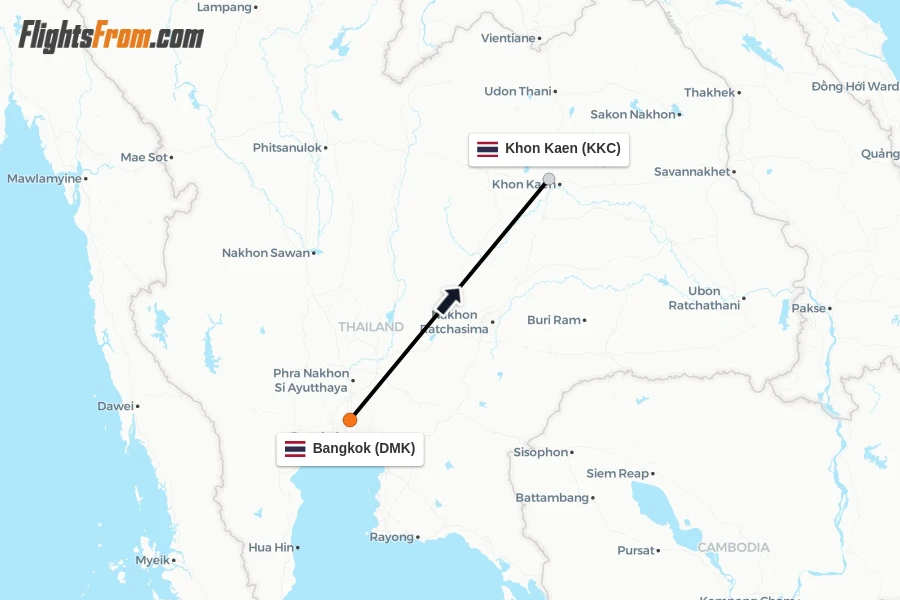 Flights from Bangkok to Khon Kaen route map