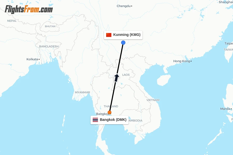 Flights from Bangkok to Kunming route map
