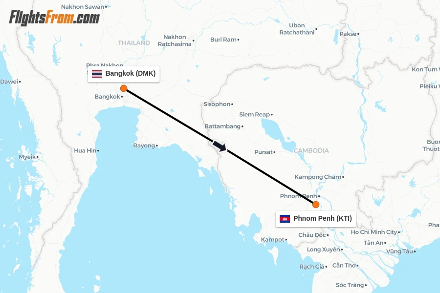 Flights from Bangkok to Phnom Penh route map