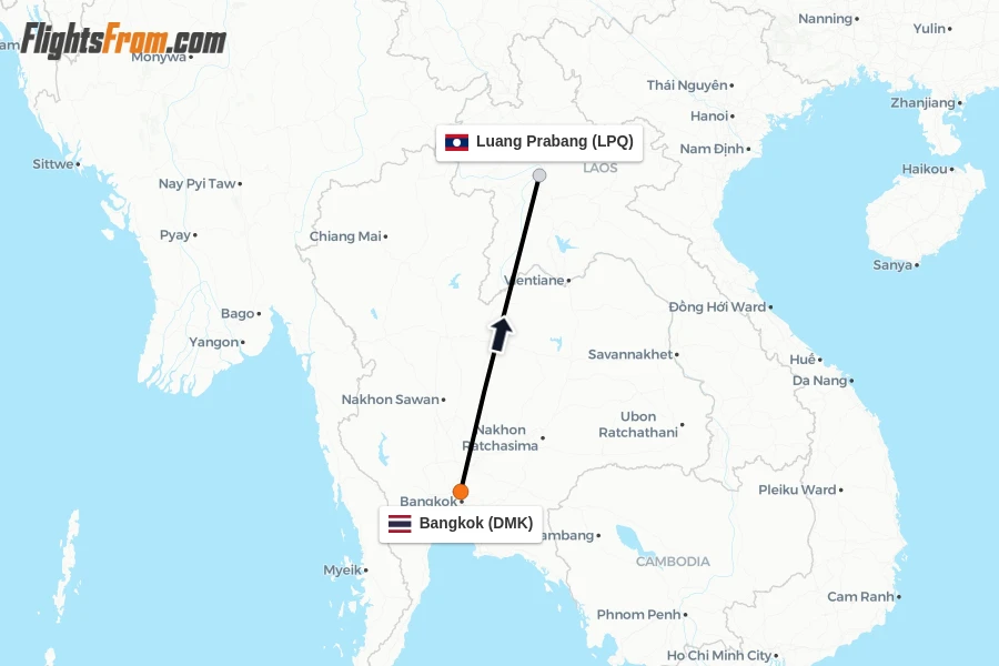 Flights from Bangkok to Luang Prabang route map