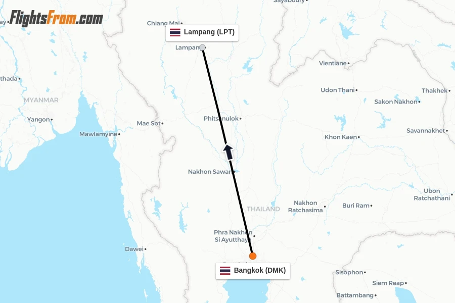 Flights from Bangkok to Lampang route map