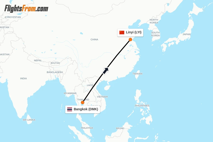 Flights from Bangkok to Linyi route map