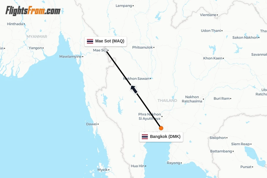 Flights from Bangkok to Mae Sot route map