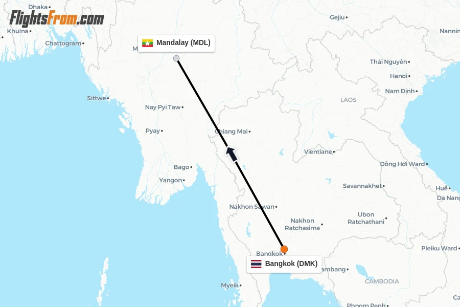 Flights from Bangkok to Mandalay route map