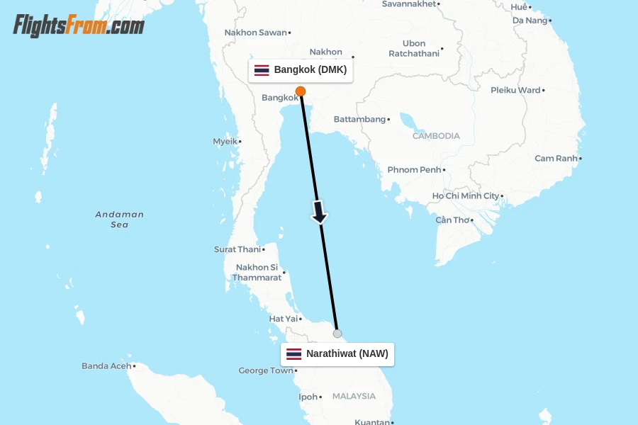 Flights from Bangkok to Narathiwat route map