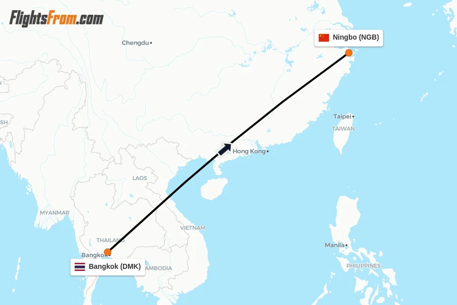Flights from Bangkok to Ningbo route map