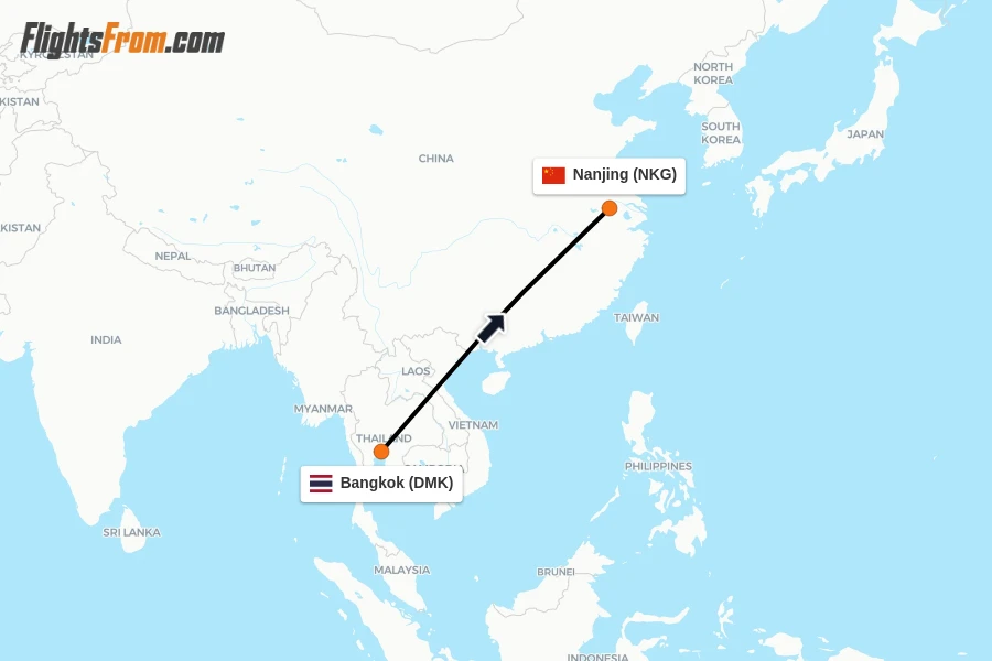 Flights from Bangkok to Nanjing route map
