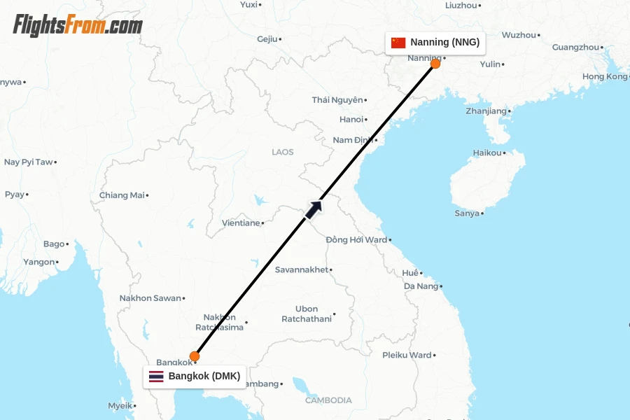 Flights from Bangkok to Nanning route map