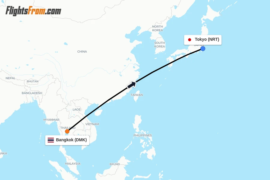 Flights from Bangkok to Tokyo route map