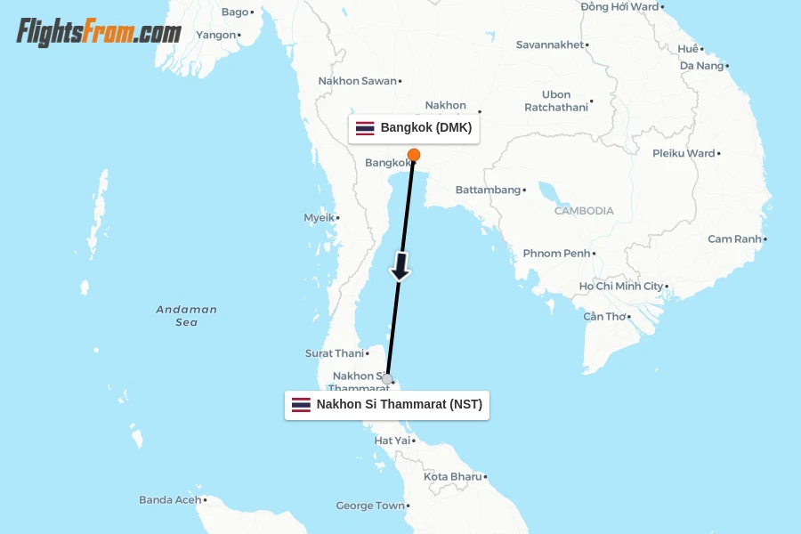 Flights from Bangkok to Nakhon Si Thammarat route map