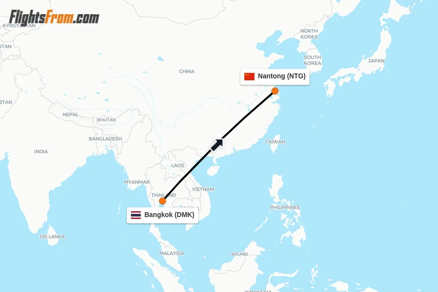 Flights from Bangkok to Nantong route map