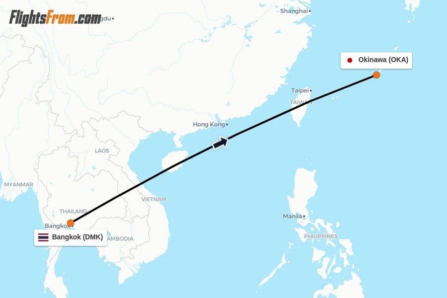 Flights from Bangkok to Okinawa route map