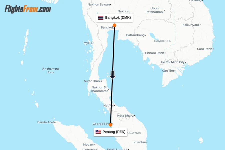 Flights from Bangkok to Penang route map