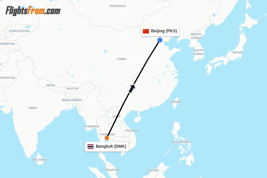 Flights from Bangkok to Beijing route map