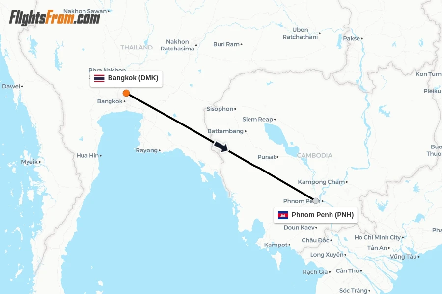 Flights from Bangkok to Phnom Penh route map