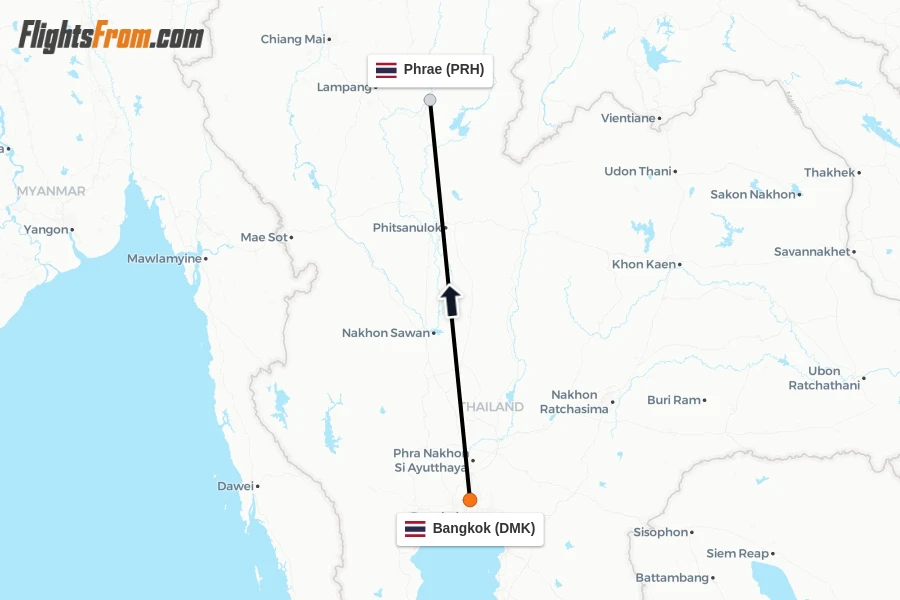 Flights from Bangkok to Phrae route map