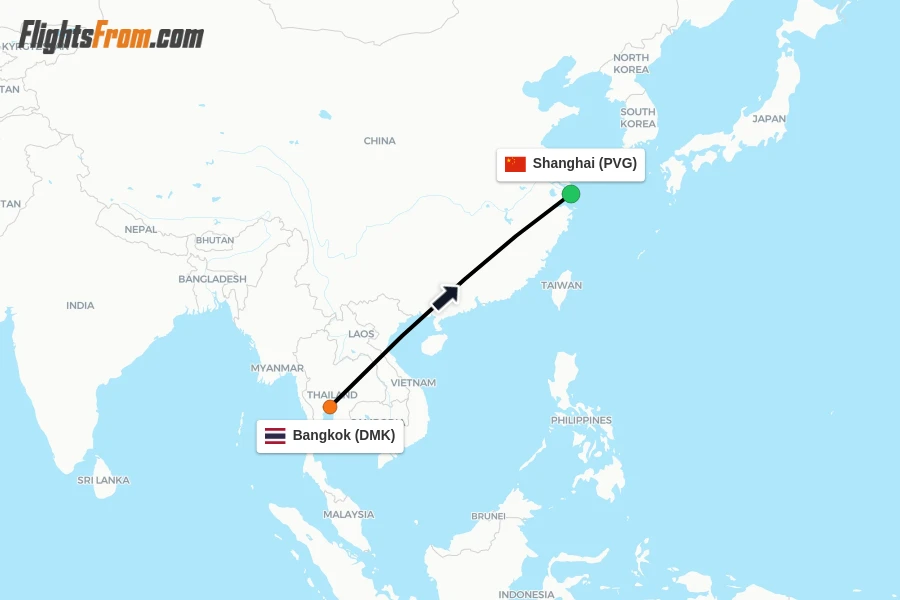 Flights from Bangkok to Shanghai route map