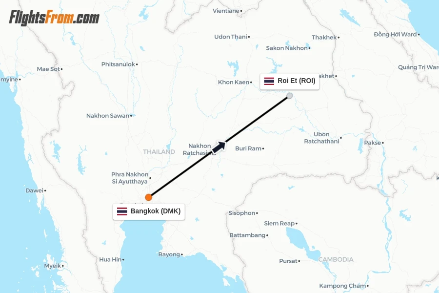 Flights from Bangkok to Roi Et route map