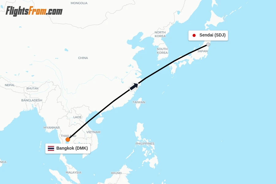 Flights from Bangkok to Sendai route map