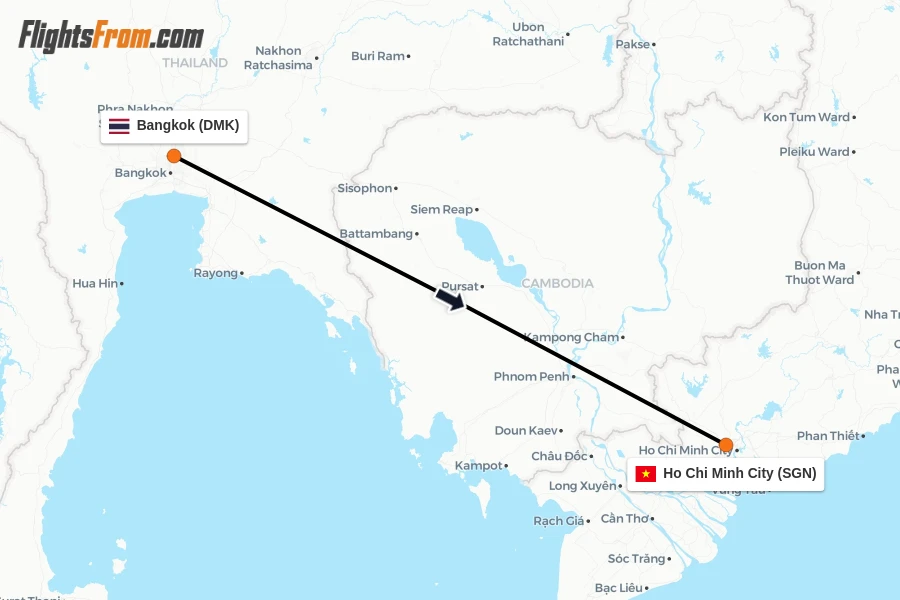 Flights from Bangkok to Ho Chi Minh City route map