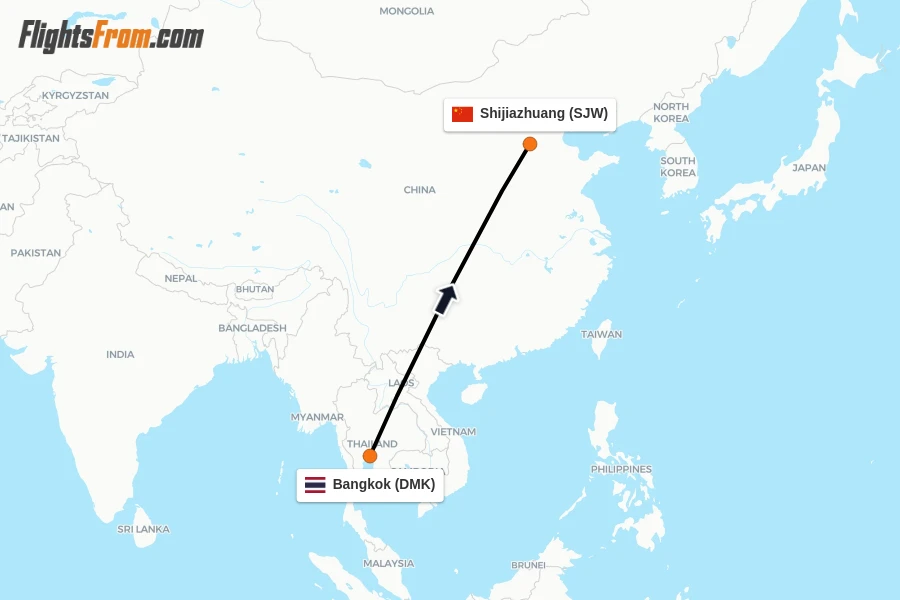 Flights from Bangkok to Shijiazhuang route map