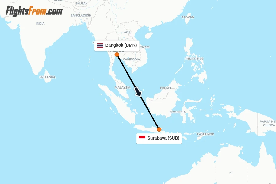Flights from Bangkok to Surabaya route map