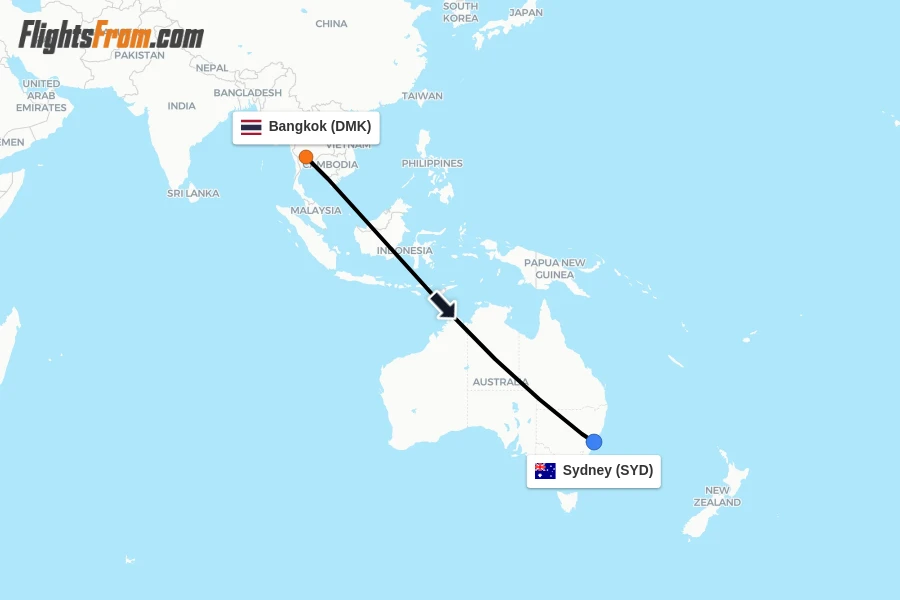Flights from Bangkok to Sydney route map