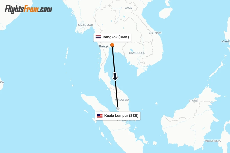 Flights from Bangkok to Kuala Lumpur route map