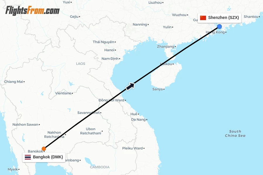 Flights from Bangkok to Shenzhen route map