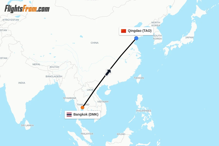 Flights from Bangkok to Qingdao route map