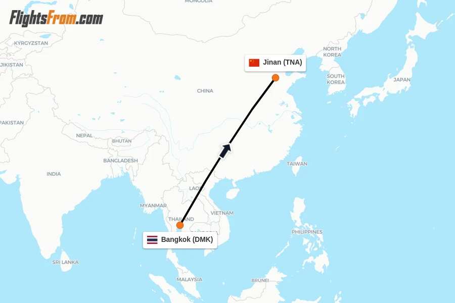 Flights from Bangkok to Jinan route map