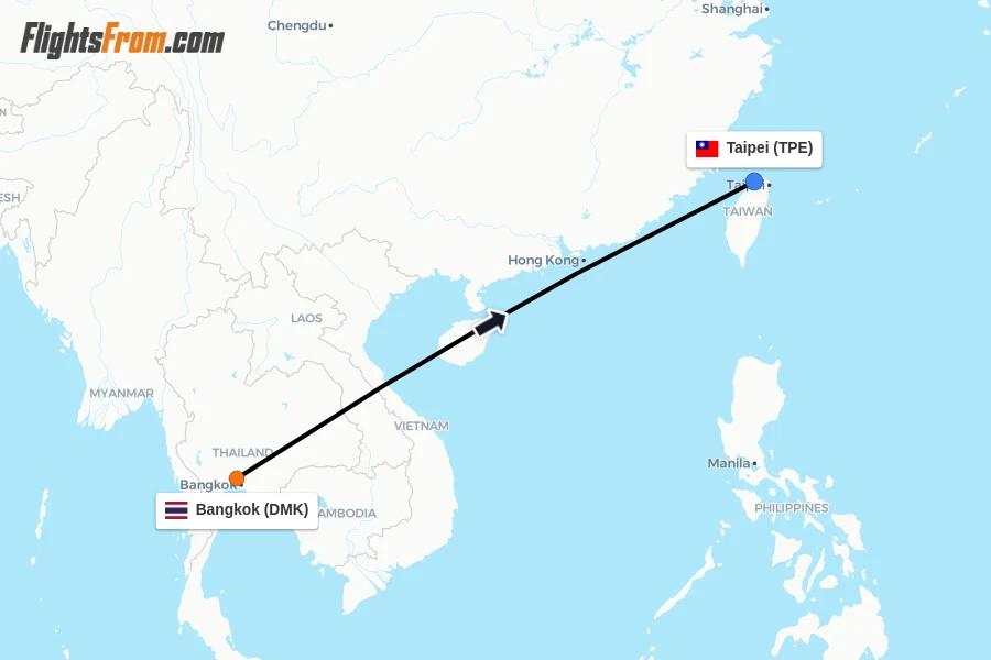 Flights from Bangkok to Taipei route map