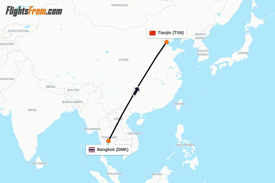Flights from Bangkok to Tianjin route map