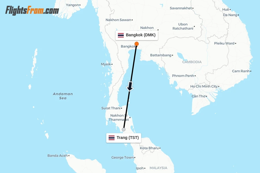 Flights from Bangkok to Trang route map