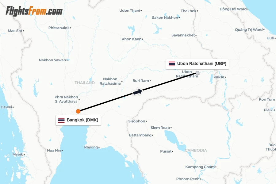 Flights from Bangkok to Ubon Ratchathani route map