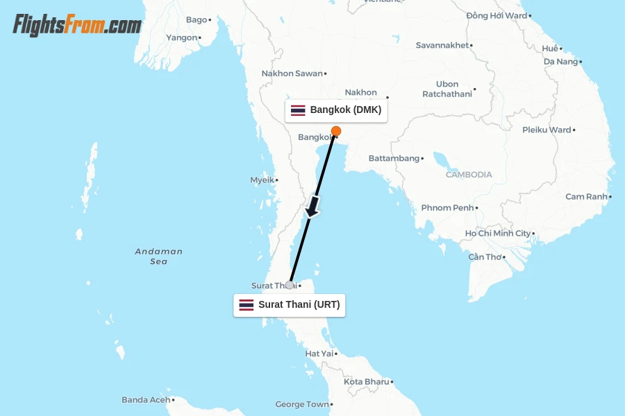 Flights from Bangkok to Surat Thani route map