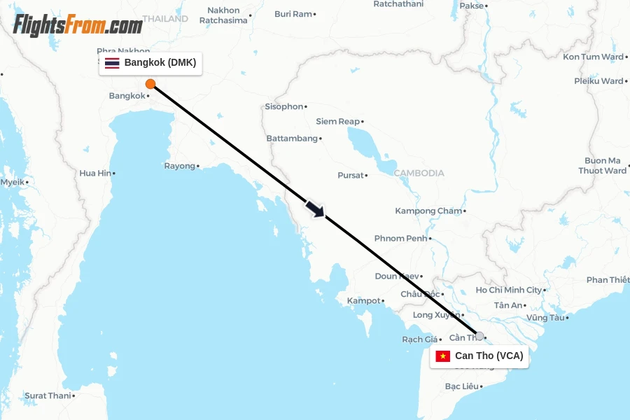 Flights from Bangkok to Can Tho route map