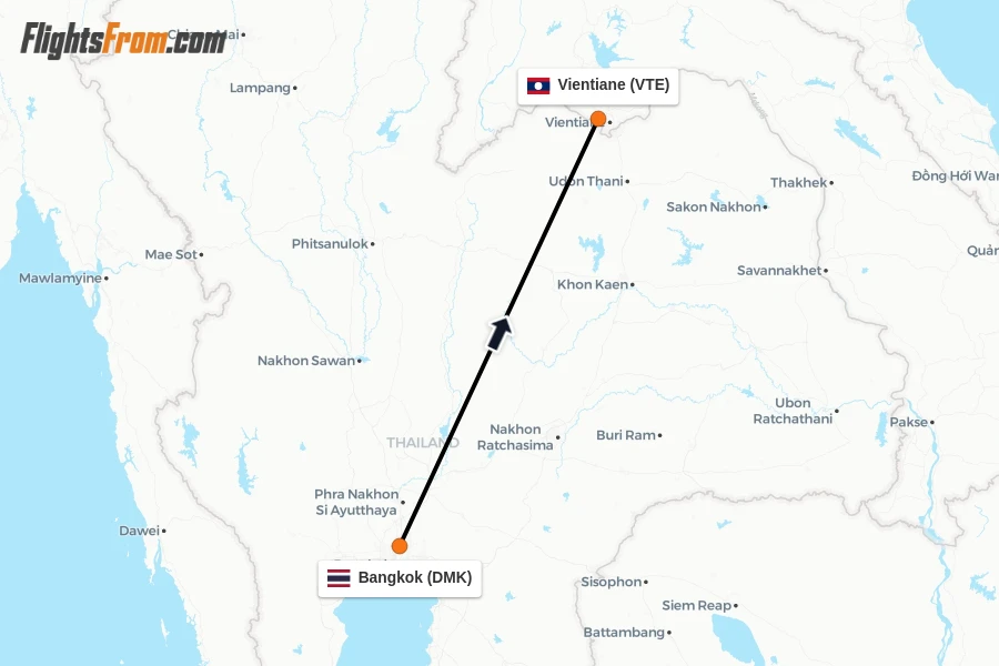 Flights from Bangkok to Vientiane route map