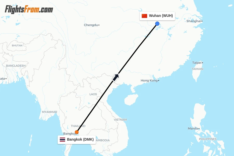 Flights from Bangkok to Wuhan route map